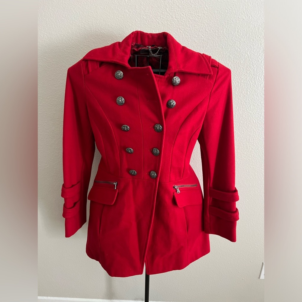 Vintage Guess Los Angeles Red Button Up Wool Blend Peacoat Size M